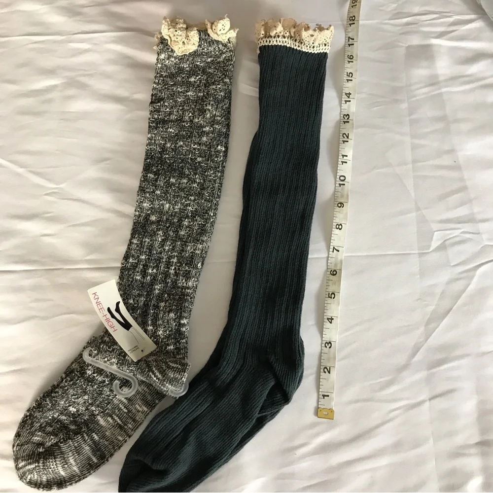 Two pairs Socks Teal Boot‎ Socks and Black Marble w/Crochet Tops NWT